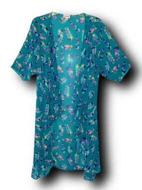 Boho Teal Feather Print Open Front Kimono Swimsuit Cover-Up